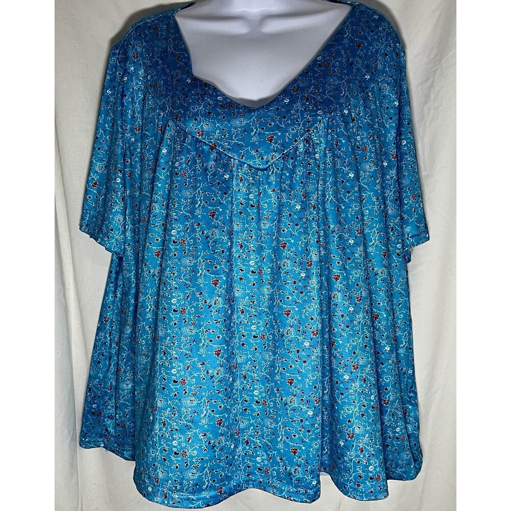 Women's Blue Floral V-Neck Short Sleeve Knit Sleepwear Top Polyester/Spandex 5XL